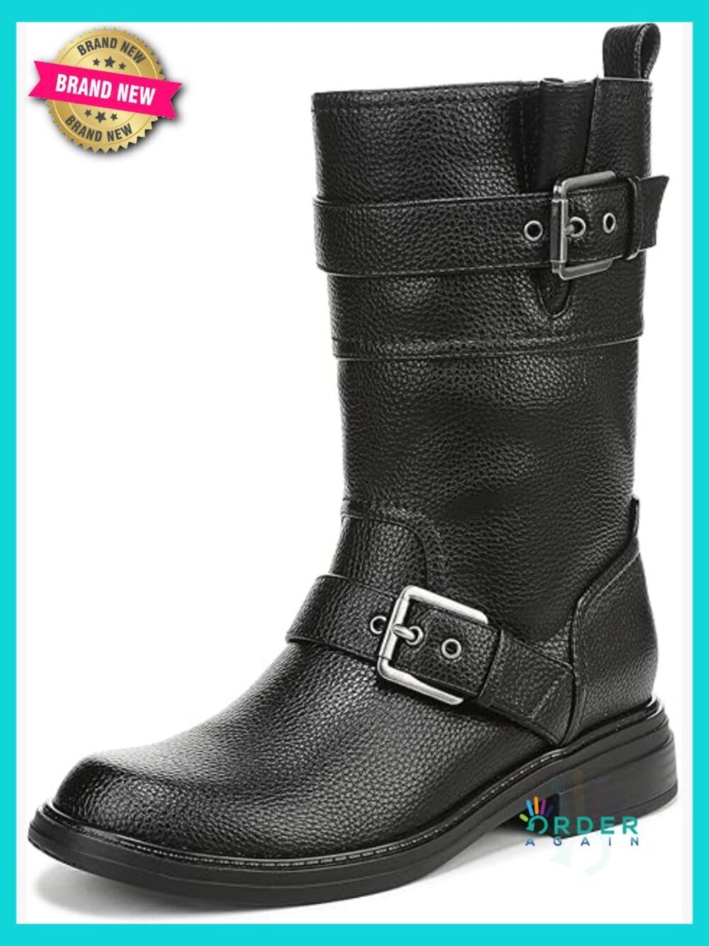 Moto-Inspired Mid-Calf Boot with Block Heel and Buckle Details